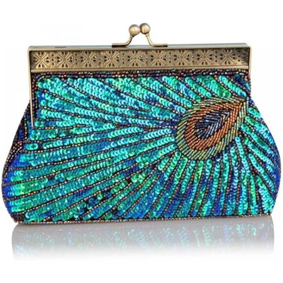 Womens Sequin Beaded Evening Bag Vintage Peacock Clutch Bags Wedding Party - Picture 7 of 7